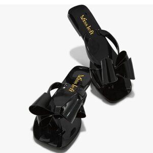 miss left Black Open Toe Flip Flops Double Bowknots Slip On Thong Sandal